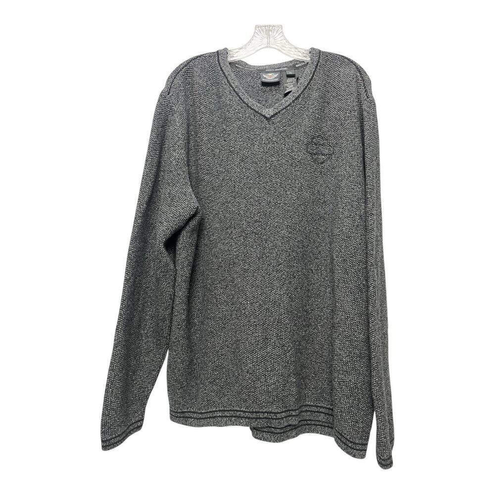 Harley Davidson Gray heavy Knit Pullover Sweater V-Neck Stretch Logo Men's Sz XL